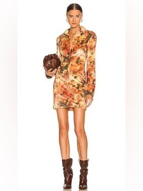 Nanushka Floral Long-Sleeve Shirt Dress in Orange